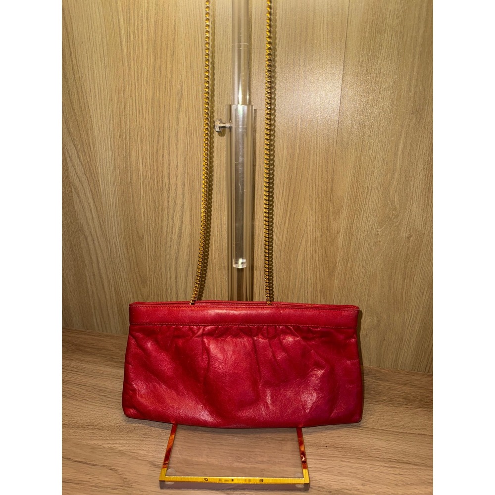 Morris Moskowitz Red Genuine Leather Vintage Clutch Gold Chain Shoulder Bag